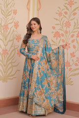 Teal Blue Russian Silk Print Embroidered Sequins Work Gown with Dupatta