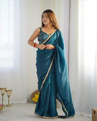 ENCHANTING TEAL BLUE TISSUE SILK PRE STITCHED SAREE WITH BLOUSE