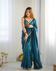 ENCHANTING TEAL BLUE TISSUE SILK PRE STITCHED SAREE WITH BLOUSE