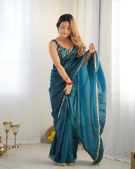 ENCHANTING TEAL BLUE TISSUE SILK PRE STITCHED SAREE WITH BLOUSE