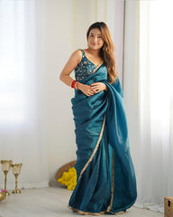 ENCHANTING TEAL BLUE TISSUE SILK PRE STITCHED SAREE WITH BLOUSE