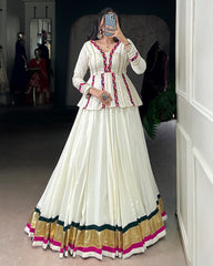 CLASSY WHITE COLOR PURE RAYON EMBOSSED NAVRATRI LEHENGA CHOLI