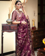 PREFERABLE WINE SOFT SILK SAREE WITH ETHNIC BLOUSE PIECE