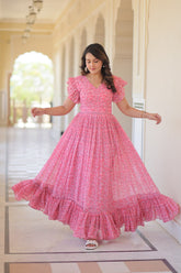Big Flair Gown In Pink Georgette With Floral Print For Party With 7 Meter Flair