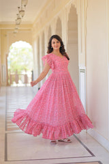 Big Flair Gown In Pink Georgette With Floral Print For Party With 7 Meter Flair