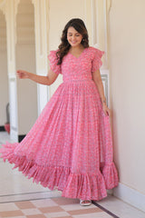 Big Flair Gown In Pink Georgette With Floral Print For Party With 7 Meter Flair
