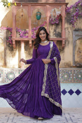 Tantalizing Purple Georgette Reception Wear Gown With Dupatta