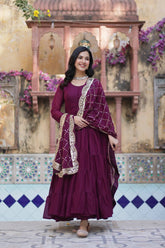 Ceremony Wear Wine Star Georgette Fully Flair Gown And Designer Embroidered Dupatta By MITVAL
