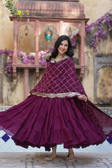 Ceremony Wear Wine Star Georgette Fully Flair Gown And Designer Embroidered Dupatta By MITVAL