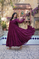 Ceremony Wear Wine Star Georgette Fully Flair Gown And Designer Embroidered Dupatta By MITVAL