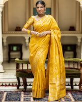 DESIGNER MUSTARD LITCHI SILK PRINTED SAREE WITH UNSTITCHED BLOUSE
