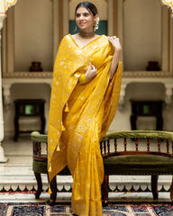 DESIGNER MUSTARD LITCHI SILK PRINTED SAREE WITH UNSTITCHED BLOUSE