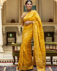 DESIGNER MUSTARD LITCHI SILK PRINTED SAREE WITH UNSTITCHED BLOUSE