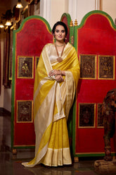 Designer Yellow Color Weightless Jacquard Chex Saree Women's Wear