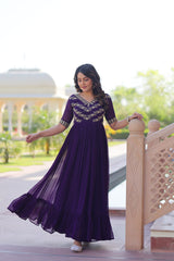 Pretty Purple Georgette Beads Work Festival Wear Gown
