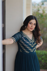 Precious Rama Blue Georgette Embroidered Traditional Gown