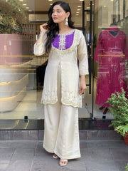 DESIGNER CO ORDS SET IN CREAM COLOR ROMAN SILK WITH EMBROIDERY AND MOTI WORK