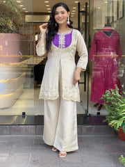 DESIGNER CO ORDS SET IN CREAM COLOR ROMAN SILK WITH EMBROIDERY AND MOTI WORK
