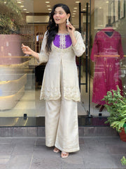DESIGNER CO ORDS SET IN CREAM COLOR ROMAN SILK WITH EMBROIDERY AND MOTI WORK