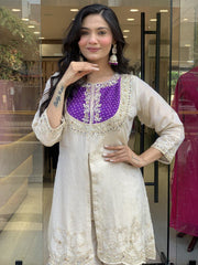 DESIGNER CO ORDS SET IN CREAM COLOR ROMAN SILK WITH EMBROIDERY AND MOTI WORK