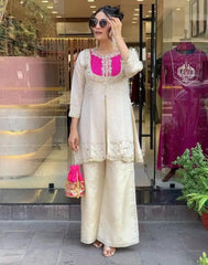 DESIGNER CO ORDS SET IN CREAM COLOR ROMAN SILK WITH EMBROIDERY AND MOTI WORK