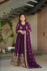 Intricate Wine Georgette Sequins Embroidered Gown With Dupatta