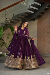 Intricate Wine Georgette Sequins Embroidered Gown With Dupatta
