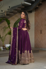 Intricate Wine Georgette Sequins Embroidered Gown With Dupatta