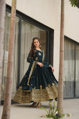 Delicate Blue Georgette Zari Embroidered Gown With Dupatta