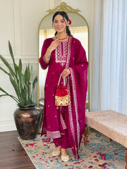 Embroidered Pleated A-Line Kurta with Trouser & Dupatta