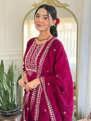 Embroidered Pleated A-Line Kurta with Trouser & Dupatta