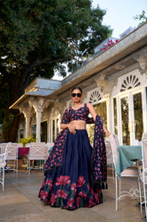 Navy Blue Color Floral Print With Foil Work Tussar Silk Lehenga Choli