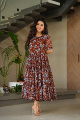 Summer Dress In Coffee Georgette With Digital Print Western Dress For Summer