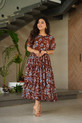 Summer Dress In Coffee Georgette With Digital Print Western Dress For Summer