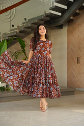 Summer Dress In Coffee Georgette With Digital Print Western Dress For Summer