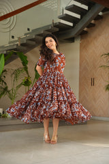 Summer Dress In Coffee Georgette With Digital Print Western Dress For Summer