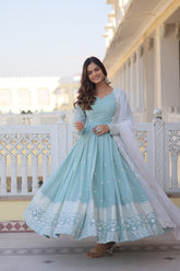 Ocean Blue Indian Gown for women with Embroidery Dupatta, Gown for women evening, Indian wedding dresses,Bridesmaid Dress