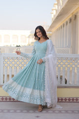 Ocean Blue Indian Gown for women with Embroidery Dupatta, Gown for women evening, Indian wedding dresses,Bridesmaid Dress