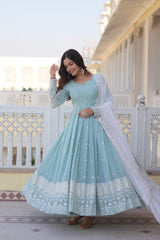 Ocean Blue Indian Gown for women with Embroidery Dupatta, Gown for women evening, Indian wedding dresses,Bridesmaid Dress