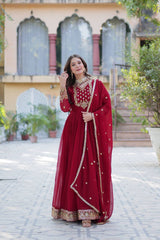 Attractive Maroon Color Faux Blooming Georgette With Rich Sequins Embroidered Work Designer Gown