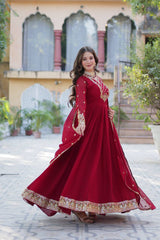 Attractive Maroon Color Faux Blooming Georgette With Rich Sequins Embroidered Work Designer Gown