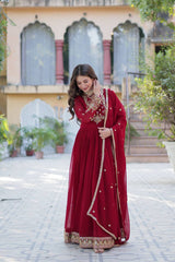 Attractive Maroon Color Faux Blooming Georgette With Rich Sequins Embroidered Work Designer Gown