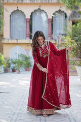 Attractive Maroon Color Faux Blooming Georgette With Rich Sequins Embroidered Work Designer Gown