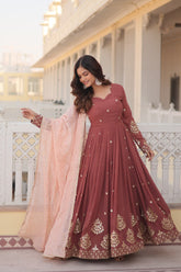 Designer Anarkali Gown Set With Peach Dupatta For Women | Wedding & Festive Ethnic Dress | Embroidered Floor Length Suit