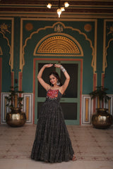 Black Color Navratri Special Long Bandhani Gown For Women