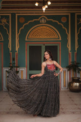 Black Color Navratri Special Long Bandhani Gown For Women