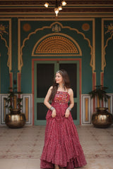 Attractive Maroon Bandhani Printed Georgette Navratri Wear Gown