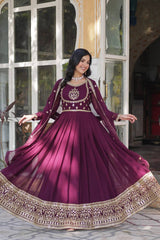 Charming Wine Embroidered Georgette Engagement Wear Gown