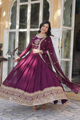 Charming Wine Embroidered Georgette Engagement Wear Gown