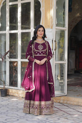 Charming Wine Embroidered Georgette Engagement Wear Gown